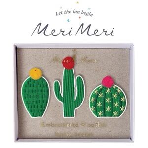 NEW - Meri Meri 3PC Desert Cactus Embroidered & Pom Pom Brooches Pins Decor